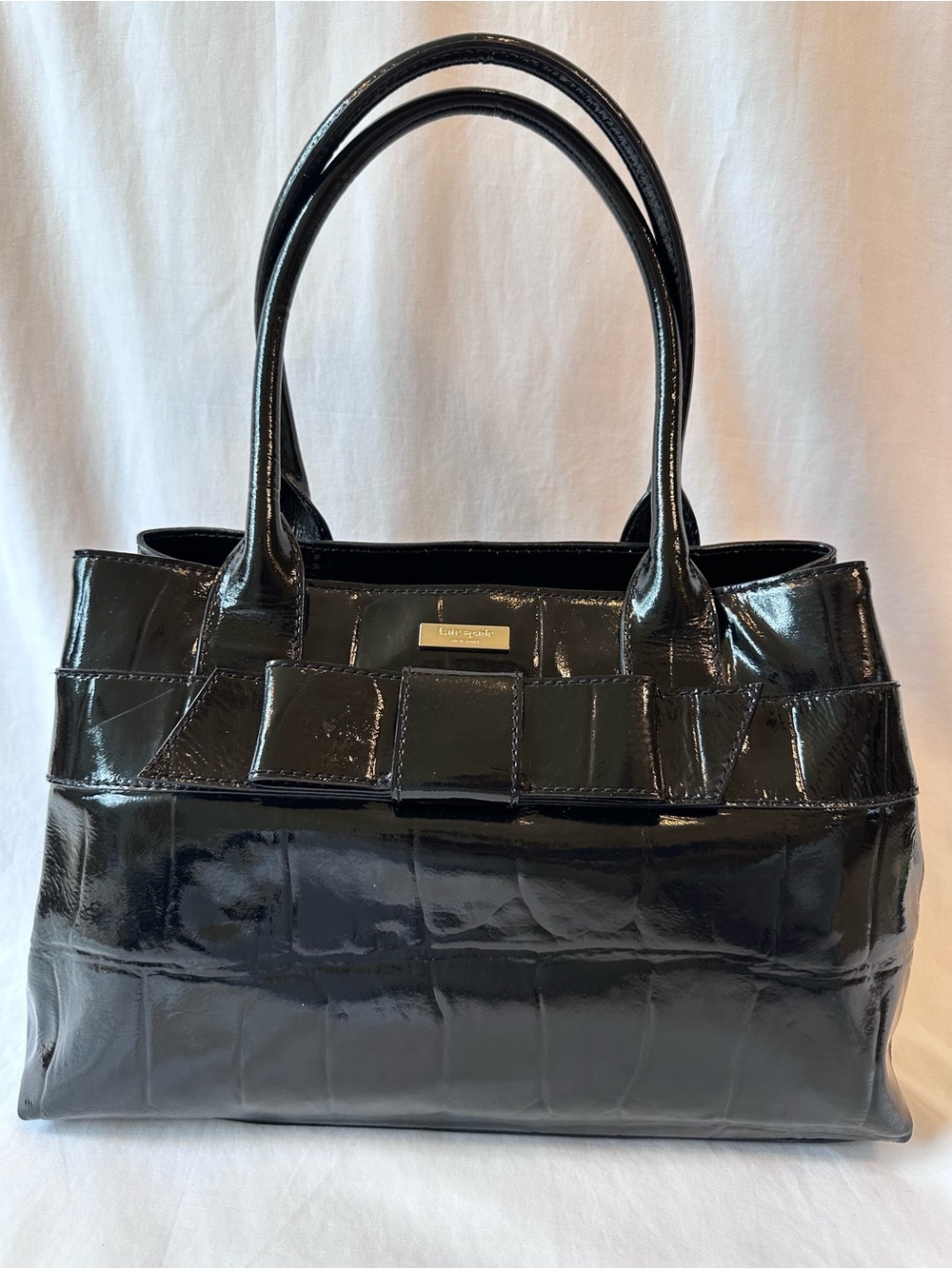Kate Spade Knightsbridge Elena Bow Handbag in Black Patent Crocodile Leather